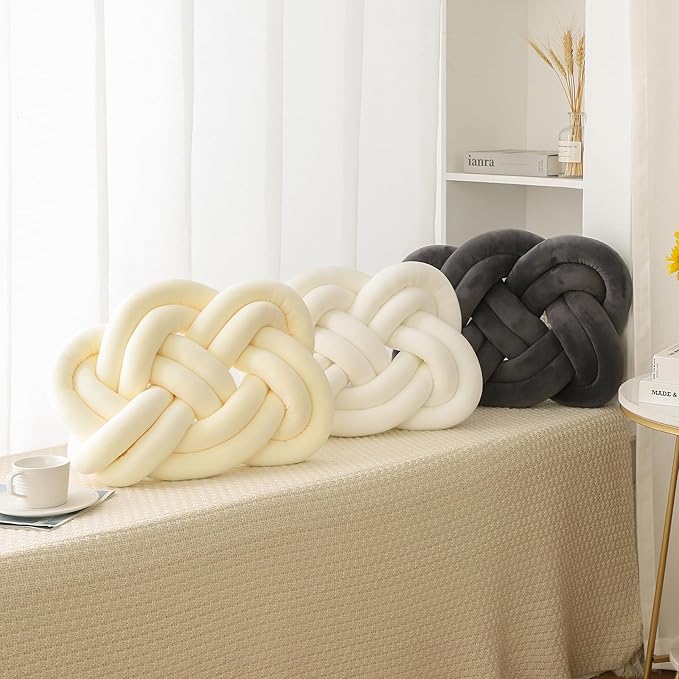 17.7in Knot Pillow Ball, Soft Velvet Decorative Throw Pillow for Couch Sofa, Decor Knotted Square Floor Pillow Cushions for Living Room (White)