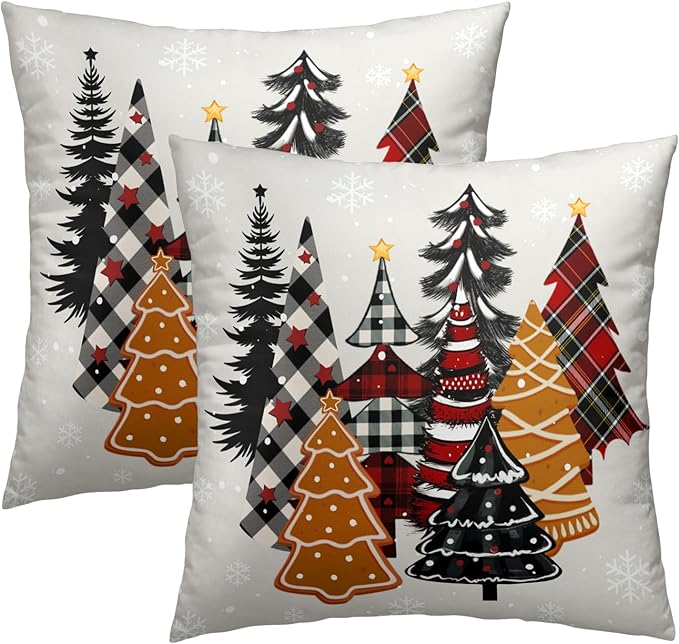 Christmas Trees Throw Pillow Covers 22x22 Inch Set of 2, Xmas Decorative Pine Tree Gingerbread Pillowcases Square Cushion Cover for Home Sofa Couch Living Room Holiday Winter Decor