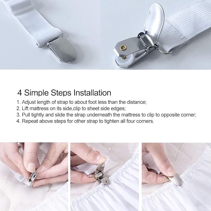 Bed Sheet Fasteners Straps - 2 Way Adjustable Crisscross Sheet Corner Holder Straps Clips Gripper Elastic Sheet Band Suspenders Fasteners(2 Set/4Pcs, White)