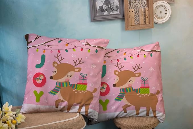 CAPSCEOLL 2PCS Pink Deer Pillow Covers 20X20Inch Christmas Cute Reindeer Bird Gift Box Joy Bulb Tree Merry New Year Throw Pillow Covers for Bedroom Sofa Living Room