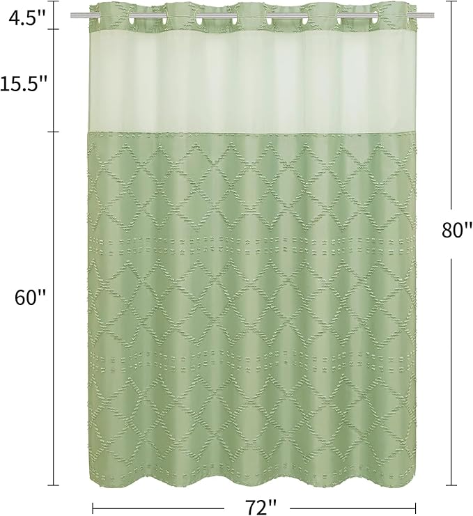 Boho Sage Woven Fabric Shower Curtain 72 x 80 Modern Farmhouse, No Hooks Tufted Chevron Striped Shabby Chic Textured, Minimalist Cloth Curtain for Bathroom, Hotel Decor