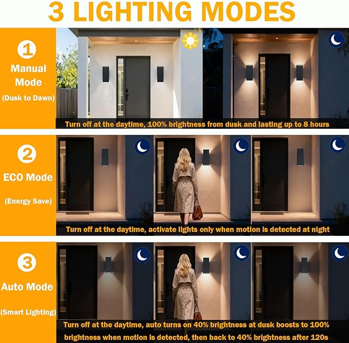 Dusk to Dawn Motion Sensor Outdoor Wall Light, Adjustable Brightness Exterior Light Fixtures with 3 Modes, 25ft Detection Waterproof Aluminum Fixture for Porch, Stairs, Garage, ETL Listed