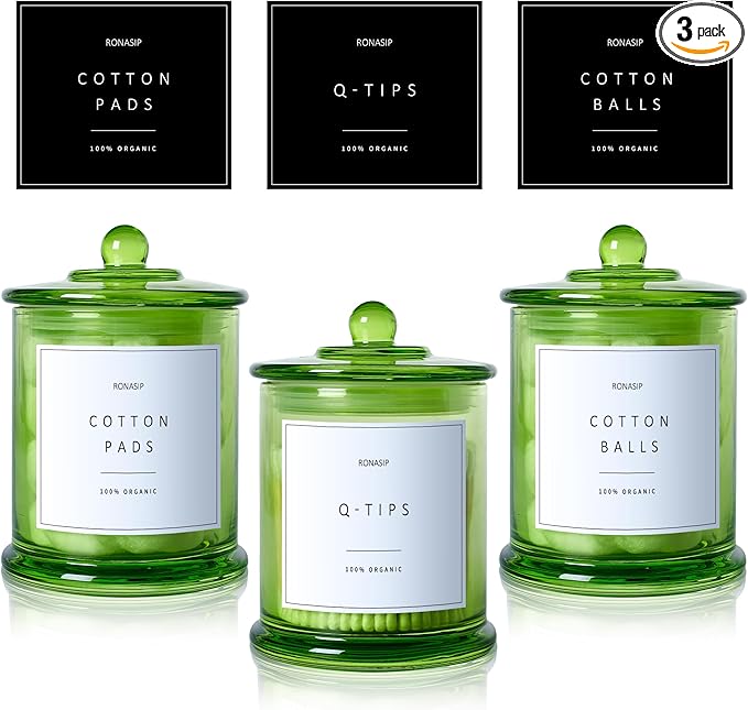 3 Pack Qtip Holder Dispenser, 16oz Bathroom Organizer and Storage Canisters, Glass Apothecary Jars with Lid - Home Decor, Room Decor Aesthetic (Green)