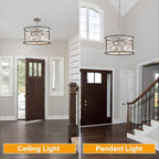 Farmhouse Chandeliers for Dining Room, 3-Light Metal Dining Room Light Fixture, 18.5" Rustic Drum Chandelier Hanging Light for Kitchen Foyer Entryway Bedroom, Nickel with Retro Wood Texture Interior