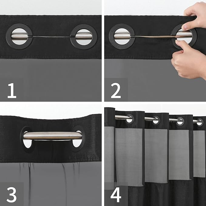 Extra Long No Hooks Needed Linen Textured Shower Curtain with Snap-in Fabric Liner Set,Black Hotel Luxury Decor Shower Curtains for Bathroom,Waterproof & Washable,71Wx86H