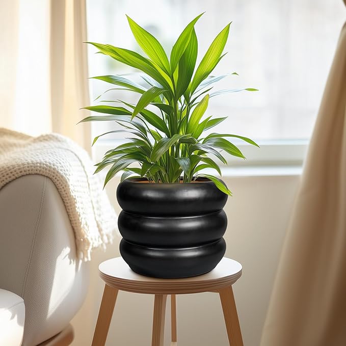 SQOWL Ceramic Pot for Plants 8 Inch - Indoor Plant Pot with Drainage Hole Planter for Outdoor Plants Modern Flower Pot Round Planter for House Home Decor Living Room Black