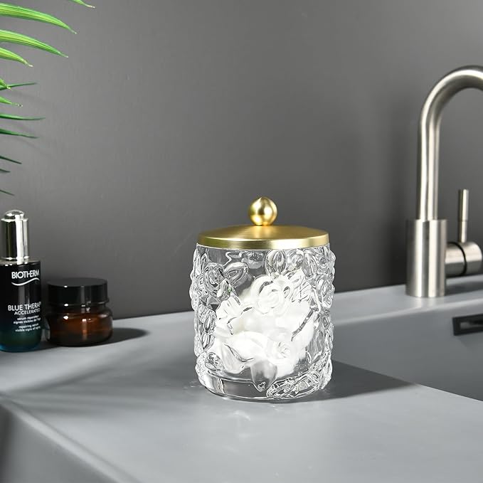 Home Glass Cotton Jar Holder Matte Gold Lid, Elegant Bathroom Storage Canister for Qtips, Cotton Balls, Floss, Makeup Organizer, Vanity Bathroom Organization