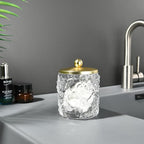 Home Glass Cotton Jar Holder Matte Gold Lid, Elegant Bathroom Storage Canister for Qtips, Cotton Balls, Floss, Makeup Organizer, Vanity Bathroom Organization