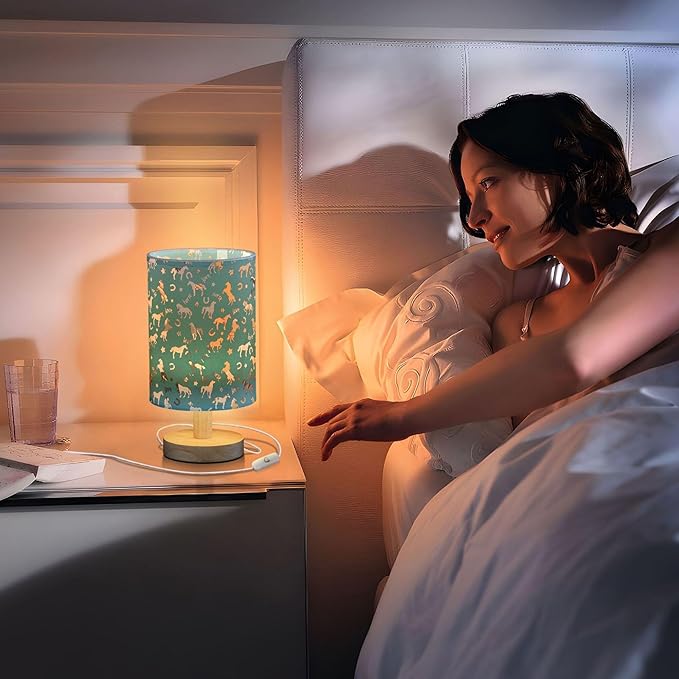 Table Lamp Horse Pattern Colorful Star Horseshoes Letter Nightstand Lamp with Wood Base Fabric Lamp Shade Bedside Desk Lamp for Living Room Bedroom Kids Room Office