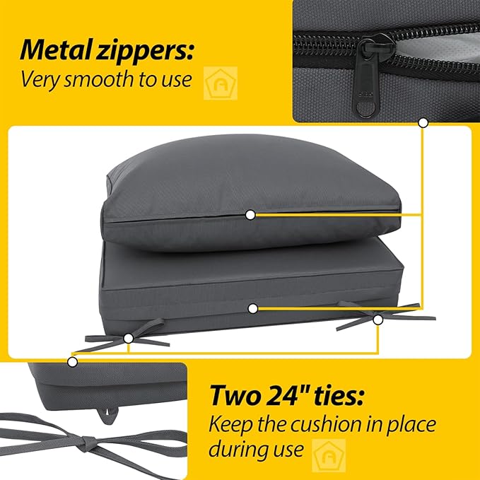 AAAAAcessories Outdoor Deep Seat Cushions, Waterproof, Fade-Resistant Patio Furniture Replacement Cushions, 24" x 24" x 5" + 24" x 13.5", Set of 4, Dark Gray