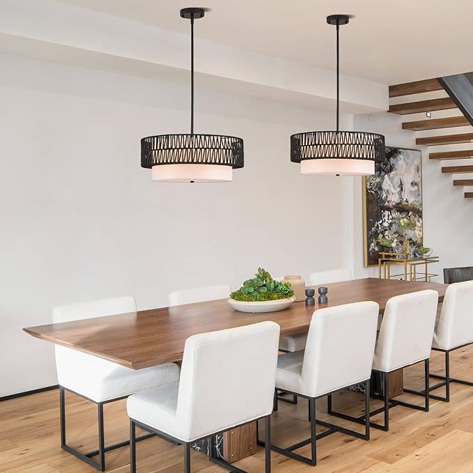 19" Rattan Chandelier with Linen Vintage Farmhouse Boho Hand Woven Bamboo Chandelier Light Fixture Modern Drum Wicker Rattan Black Chandeliers for Dining Room, Entryway, Bedroom, Foyer