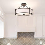 XiNBEi Lighting Semi Flush Mount Ceiling Light 18 Inch 3 Light Close to Ceiling Light with Fabric Shade and Frost Glass Diffuser in Dark Bronze Drum Semi Flush Light XB-SF1199-DB