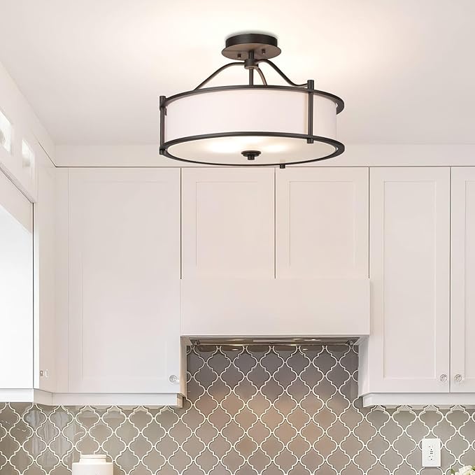 XiNBEi Lighting Semi Flush Mount Ceiling Light 18 Inch 3 Light Close to Ceiling Light with Fabric Shade and Frost Glass Diffuser in Dark Bronze Drum Semi Flush Light XB-SF1199-DB