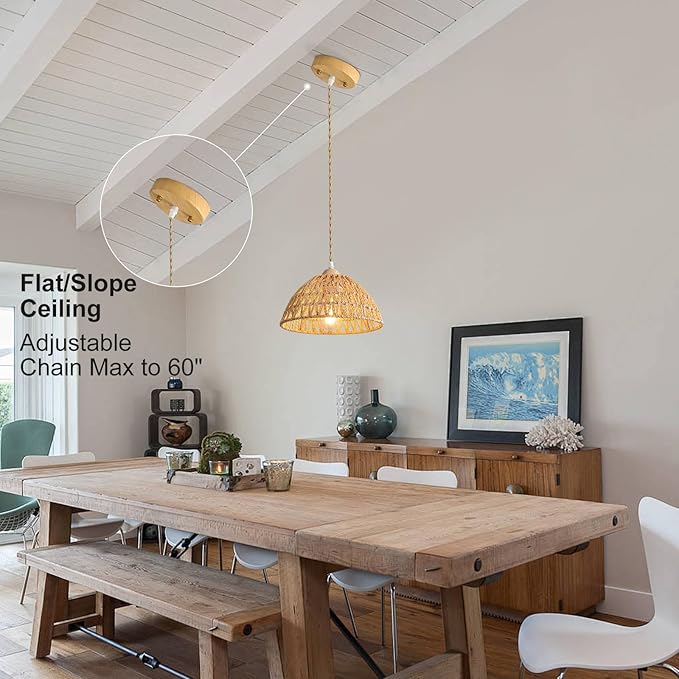 Farmhouse Wicker Pendant Light, 1-Light Boho Rattan Chandelier Light Fixture, Ceiling Hanging with Woven Lampshade, for Kitchen Bedroom Island Hallway, ETL Listed