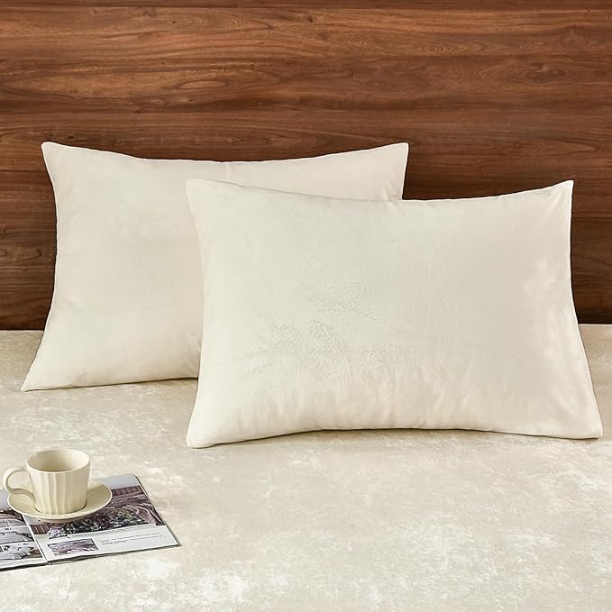 PHF Super Soft Velvet Pillowcases King Size, No Insert, 2 Pack Luxury Cozy Warm Pillow Shams Covers with Envelope Closure, 20" X 36" Cozy Fuzzy Flannel Pillow Case, Cream