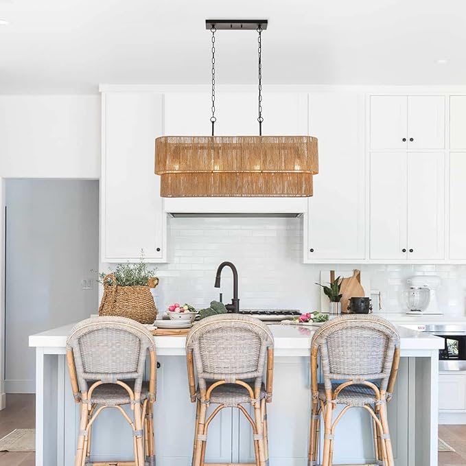 42” Boho Chandelier Coastal 2 Layers Hand Woven Rattan Pendant Light Linear Large Island Light for Dining Room Kitchen Island Living Room, UL Listed