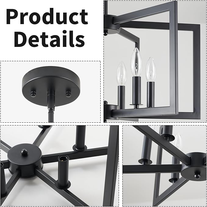 Black Chandelier, Dining Room Light Fixture Geometric Metal Modern Industrial Chandelier Lighting for Farmhouse Living Room Entryway Kitchen (E12 Bulbs Not Included, 6 Light)