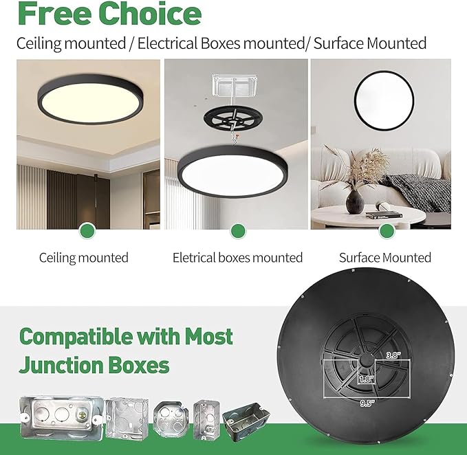 20 Inch Dimmable LED Flush Mount Ceiling Light, 40W,4350LM, 2700K/3000K/4000K/5000K/6000K CCT Selectable ,Round Flat Panel Light Low Profile Ceiling Light Fitures for Hallway/Kitchen/Bedroom, Black