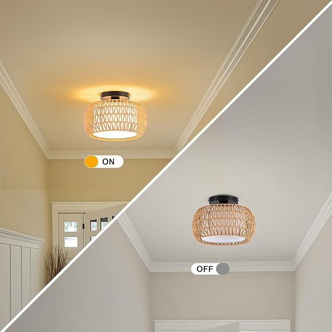 MAYNA 1-Light Boho Flush Mount Ceiling Light, Rattan Chandelier Light Fixture with LED Bulb, Hand-Woven Farmhouse Ceiling Light, Mini Wicker Light Fixture for Bedroom Hallway Entryway