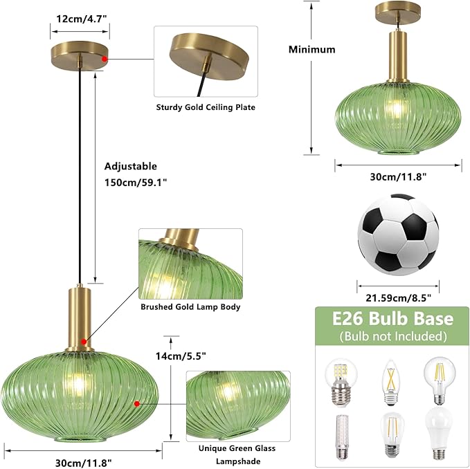 KCO Lighting Modern Gold Pendant Lights Kitchen Island Lighting Large Green Glass Globe Pendant Light Brass Dining Room Hanging Light Fixture Vintage Ribbed Ceiling Light