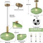 KCO Lighting Modern Gold Pendant Lights Kitchen Island Lighting Large Green Glass Globe Pendant Light Brass Dining Room Hanging Light Fixture Vintage Ribbed Ceiling Light