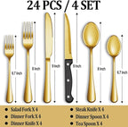 24 Pcs Gold Silverware Set with Steak Knives, Stainless Steel Flatware Cutlery Set Service for 4, Kitchen Tableware Set, Utensil Set for Home and Restaurant, Knives Forks Spoon Set, Dishwasher Safe