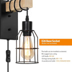 Wall Sconces Set of 2, Wall Lamp with Plug in Cord with Metal Cage Lampshade, Wall Lights with Solid Wood for Bedroom Living Room Garage Porch