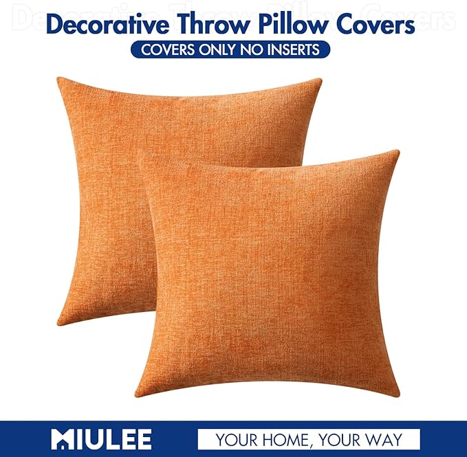 MIULEE Fall Pack of 2 Orange Throw Pillow Covers 16x16 Inch Soft Chenille Pillow Covers for Sofa Living Room Couch Solid Dyed Cases