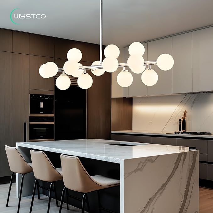 16-Light Globe Sputnik Chandelier, Mid Century Modern Light Fixture Over Table, Chrome Silver Linear Chandeliers for Dining Room and Kitchen Island (Milk White Glass Bubble Shades, 40 Inch)
