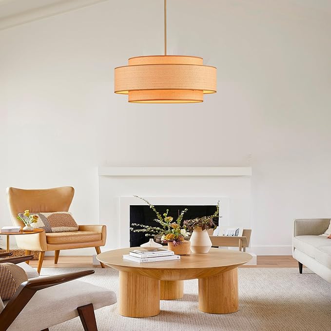 Farmhouse 23.6" Large Drum Rattan Chandelier 6-Lights Vintage Boho Rattan Chandelier Retro Vintage Bamboo Drum Chandeliers for Dining Room, Kitchen Island, Living Room, Bedroom