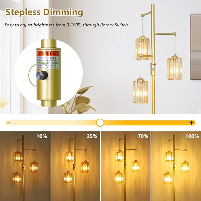 Boho Gold Crystal Floor Lamp, 3 Lights Vintage Dimmable Standing Lamp with Amber Crystal Shade, Dimmer Switch, Mid Century Modern Tree Lamp, 65IN Brass Tall Corner Lamps for Living Room Bedroom