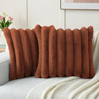 FUTEI Rust Decorative Throw Pillow Covers 22x22 Inch Set of 2, Square Soft Faux Rabbit Fur Big Striped Cushion Cover,Home Decor for Couch Sofa Bed Living Room