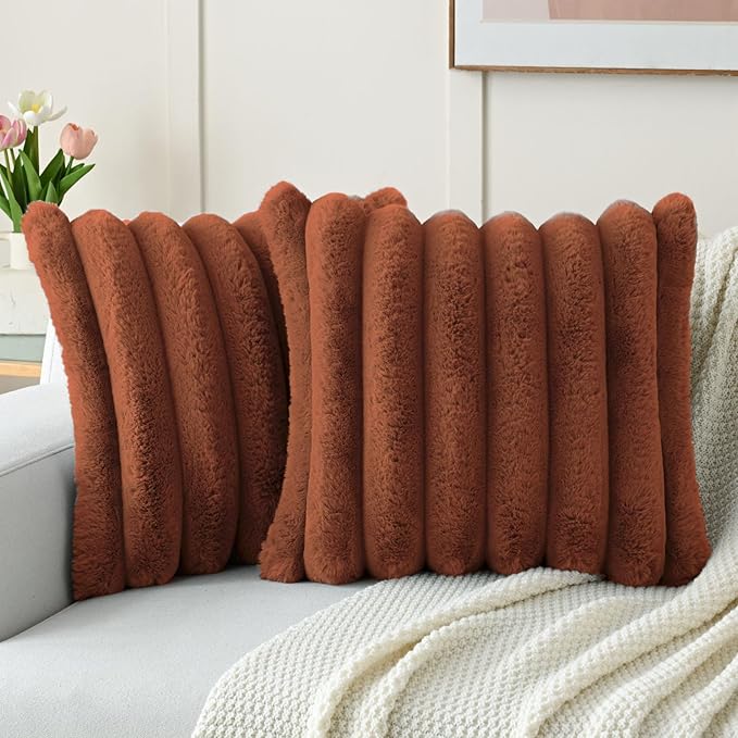 FUTEI Rust Decorative Throw Pillow Covers 26x26 Inch Set of 2, Square Soft Faux Rabbit Fur Big Striped Pillow Sham,Home Decor for Couch Sofa Bed Living Room