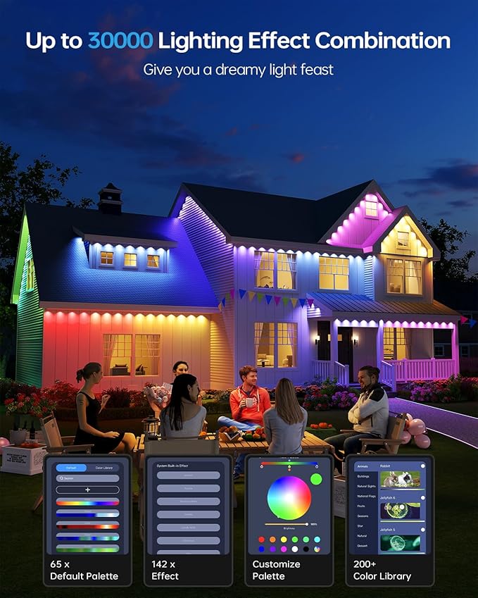ASAHOM AI Permanent Outdoor Lights S107C, 150FT with 108 RGBCW LED Lights and Dual Output, 30,000 Lighting Effect Combination, IP67 Waterproof for House Halloween Christmas and Daily Decoration, White