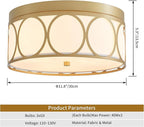 Modern Fabric Drum Ceiling Light, Flushmount Close to Ceiling Light Fixture for Living Room, Bedroom, Dining Room, Kitchen. D12 x 5in, Gold Finished Metal Frame, White Fabric Lampshade