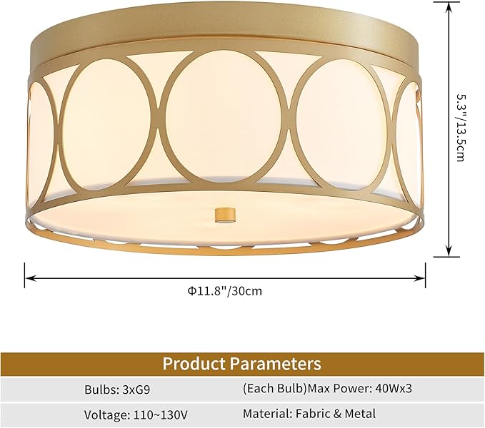 Modern Fabric Drum Ceiling Light, Flushmount Close to Ceiling Light Fixture for Living Room, Bedroom, Dining Room, Kitchen. D12 x 5in, Gold Finished Metal Frame, White Fabric Lampshade