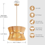 Shrine Lighting French Gold Boho Chandelier, Modern Design, Boho Drum Pendant Light for Dining Room, D18'' x H12'', Adjustable 47'', E12*8 Sockets, Jute Rope Lampshade&French Gold Finish Frame