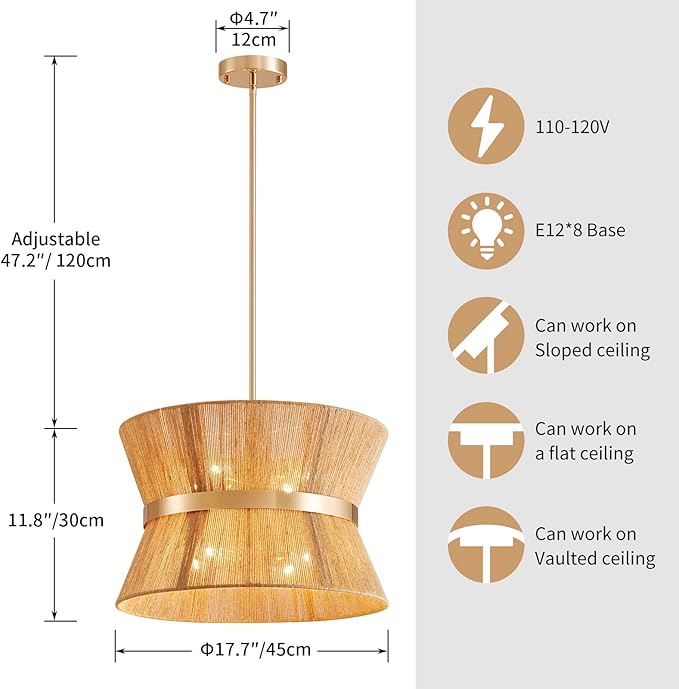 Shrine Lighting French Gold Boho Chandelier, Modern Design, Boho Drum Pendant Light for Dining Room, D18'' x H12'', Adjustable 47'', E12*8 Sockets, Jute Rope Lampshade&French Gold Finish Frame