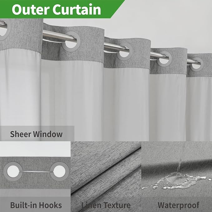 Extra Long No Hooks Needed Linen Textured Shower Curtain with Snap-in Fabric Liner Set,Grey Hotel Luxury Decor Shower Curtains for Bathroom,Waterproof & Washable,71Wx86H