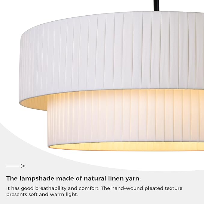 LamQee Modern Large Drum Chandelier, 2-Tire 23.6inch Ceiling Hanging Light Fixture 5-Light Black Semi Flush Mount Pendant Light for Dining Room Living Room Bedroom Kitchen Island