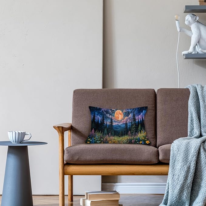 JINYO Boho Floral Moonlit Forest Mountain Pillow Covers 12x20 inch, Watercolor Full Moon Night Nature Scenery Decorative Pillow Covers for Home Bedroom Living Room Office Decor