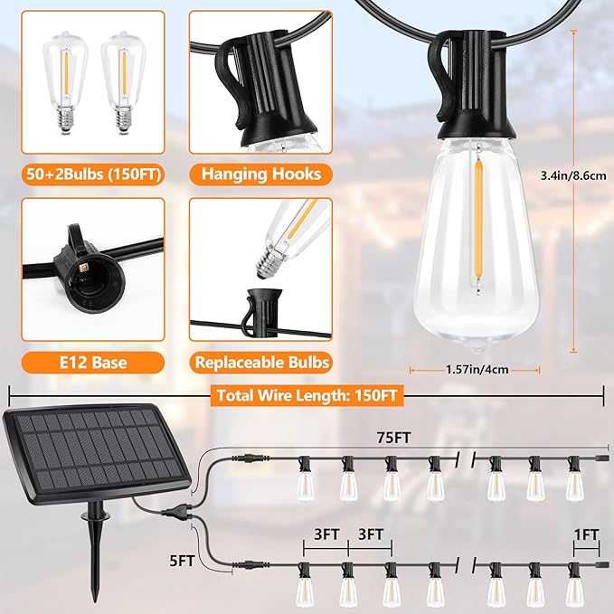 Bosceos 150FT Solar String Lights for Outside, Solar Powered Patio Lights with 52 Shatterproof ST38 Edison Bulbs & Remote Control,Dimmable LED Solar String Lights for Outside Waterproof