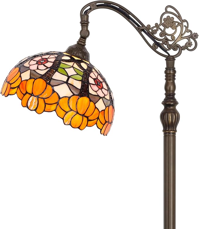 Tiffany Floor Lamp Stained Glass Orange Flower Style Arched Reading Light Gooseneck Adjustable Corner Standing Lamp 12X16X66 Inch for Bedroom Living Room Home Office
