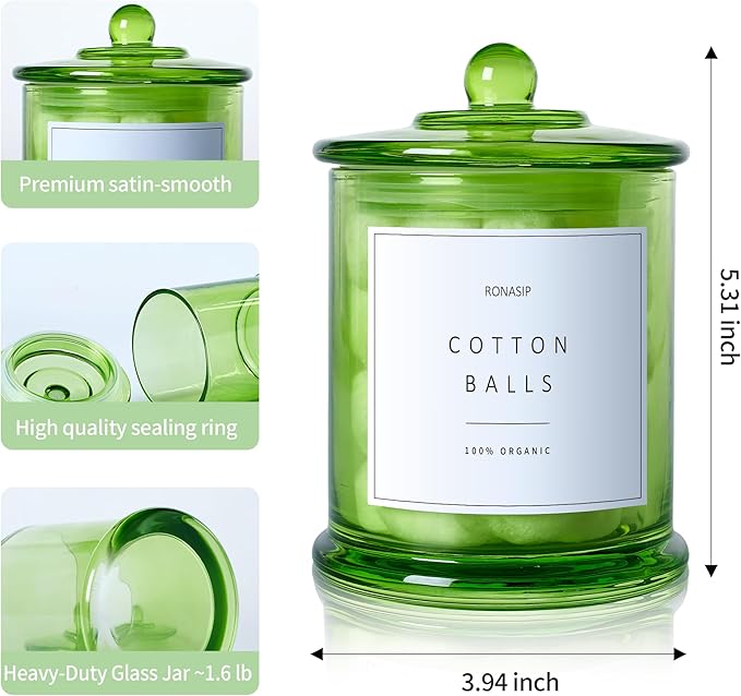 3 Pack Qtip Holder Dispenser, 16oz Bathroom Organizer and Storage Canisters, Glass Apothecary Jars with Lid - Home Decor, Room Decor Aesthetic (Green)