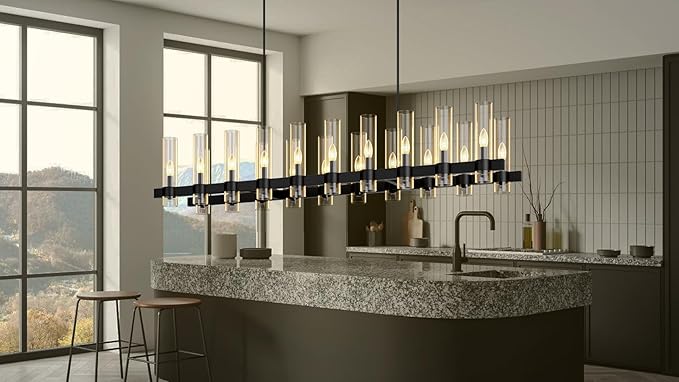Black Linear Chandelier, 68 Inch 20-Lights Modern Kitchen Island Dining Room Over Table Light Fixture, Industrial Farmhouse Large Pendant Lighting with Glass Shade