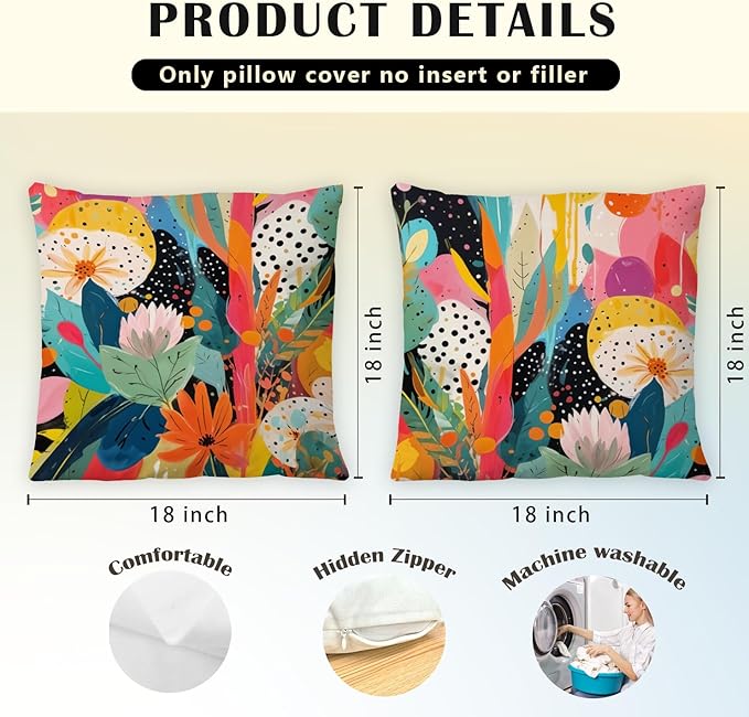 JINYO Abstract Boho Floral Pillow Covers 18x18 Set of 2, Maximalist Eclectic Plants Decorative Throw Pillow Cases, Trendy Colorful Botanical for Couch Living Room Bedroom Home Decor