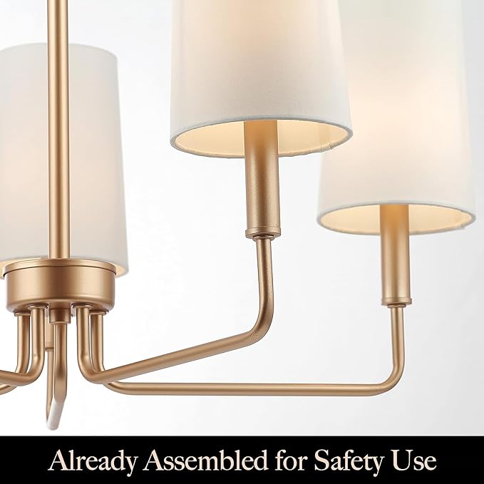 Chandelier, Muted Gold with White Fabric Shade, Farmhouse Linear Island Lighting Fixture for Kitchen, Dining Room (5-Light Muted Gold with Fabric Shades)