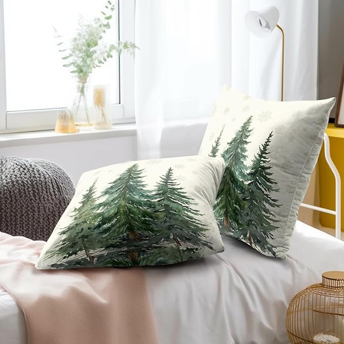 Pine Tree Forest Pillow Covers 22x22 Set of 2, Snow Green Fir Cedar Trees Beige Throw Pillowcase Winter Farmhouse Decorative Cushion Case for Couch Sofa Bed Home Outdoor