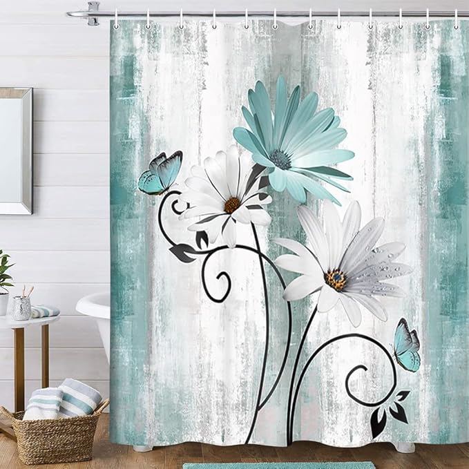 Rustic Farmhouse Shower Curtain, Farm Teal Daisy Floral Flowers and Butterfly on Country Wooden Shower Curtain for Bathroom, Turquoise Blue Bathroom Shower Curtains with 12PCS Hooks, 60X70IN