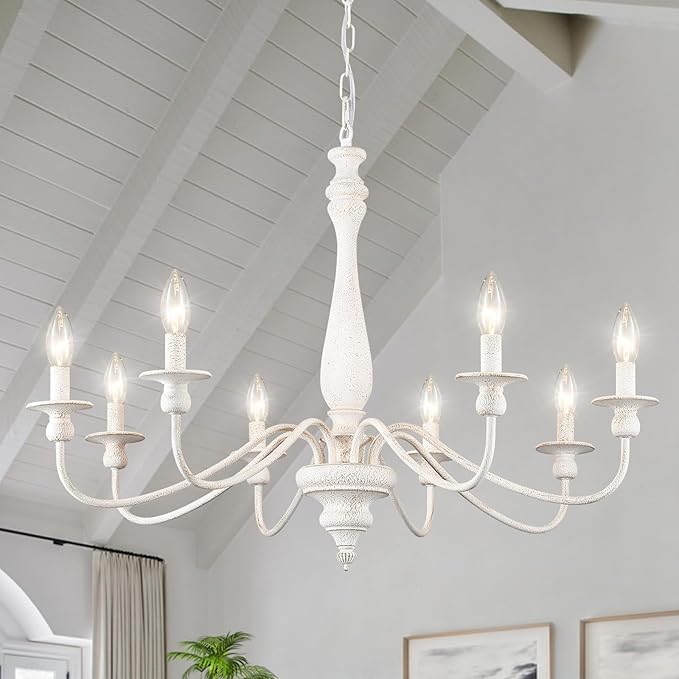 Distressed White French Country Chandelier 8 Lights Rustic Farmhouse Chandelier for Dining Room Light Fixture Candle Pendant Lights Handmade Wood Chandeliers for Living Room Bedrooms Kitchen